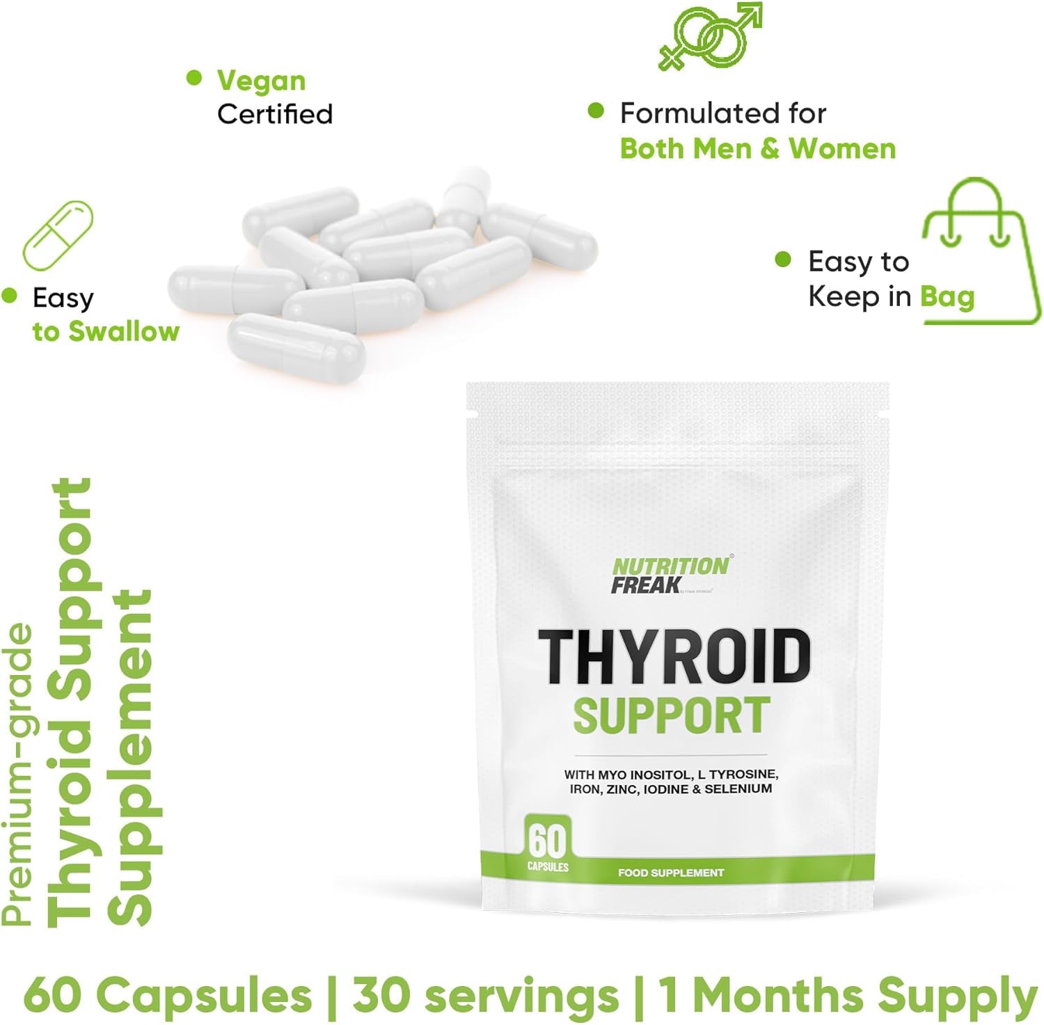 Thyroid Support Supplement - 60 Capsules - Includes Myo Inositol, L-Tyrosine, Iron, Magnesium, Zinc, Manganese, Selenium, Vitamin B12 - Contributes to the Reduction of Tiredness & Fatigue