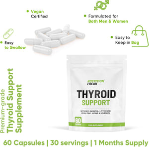 Thyroid Support Supplement - 60 Capsules - Includes Myo Inositol, L-Tyrosine, Iron, Magnesium, Zinc, Manganese, Selenium, Vitamin B12 - Contributes to the Reduction of Tiredness & Fatigue
