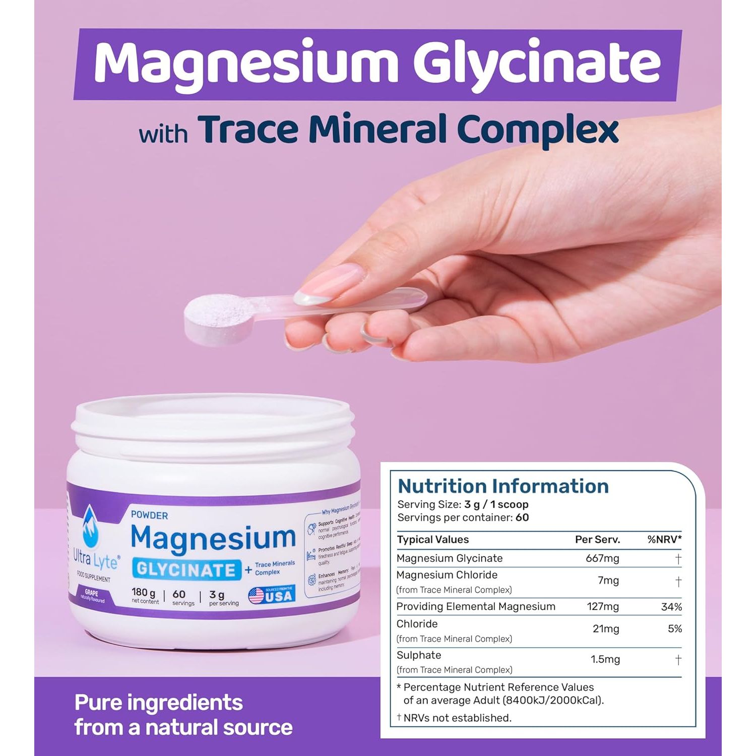 Ultra Lyte Magnesium Glycinate Powder with Trace Minerals 180G – Vegan & Gluten-Free Flavoured Magnesium Supplement – for Sleep Aid, Stress Relief & Muscle Relaxation – 60 Servings (180G, Grape)