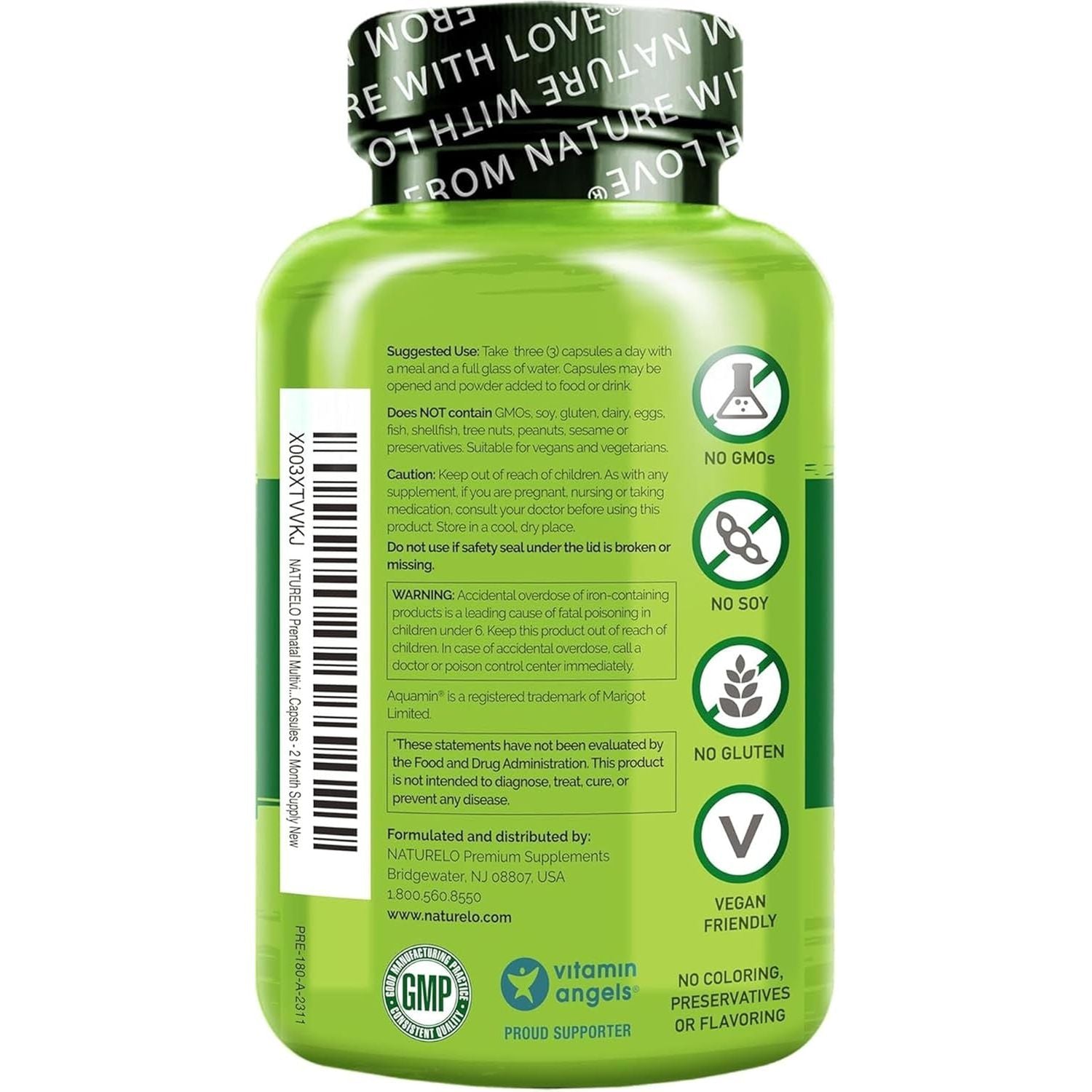 NATURELO Prenatal Multivitamin - Natural Vitamins & Minerals - Active Folate, Iron & Calcium - Essential Nutrients during Pregnancy & Conception - No Gmos - 180 Vegan Capsules | 2 Month Supply