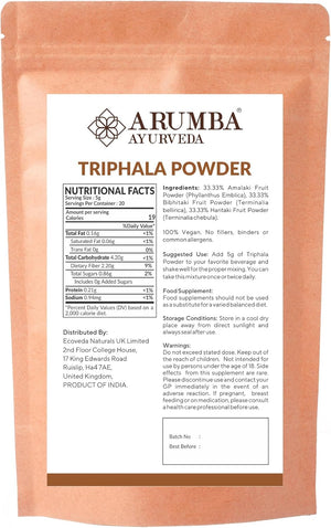 Arumba Ayurveda Triphala Powder 100 Grams for Constipation Relief, Haritaki, Bibhitaki, Amla, Cleanse Vitamin C, Digestion