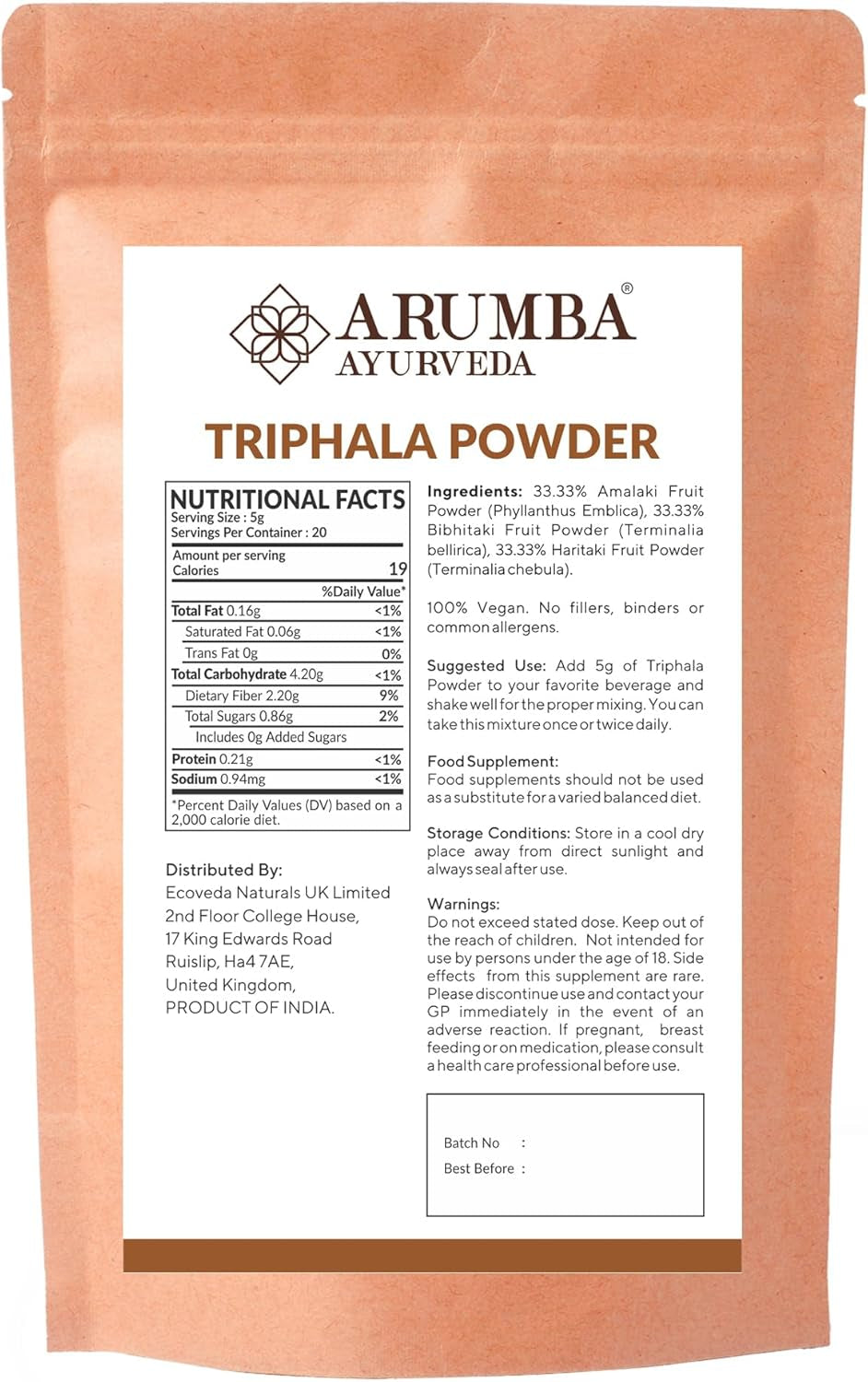 Arumba Ayurveda Triphala Powder 100 Grams for Constipation Relief, Haritaki, Bibhitaki, Amla, Cleanse Vitamin C, Digestion