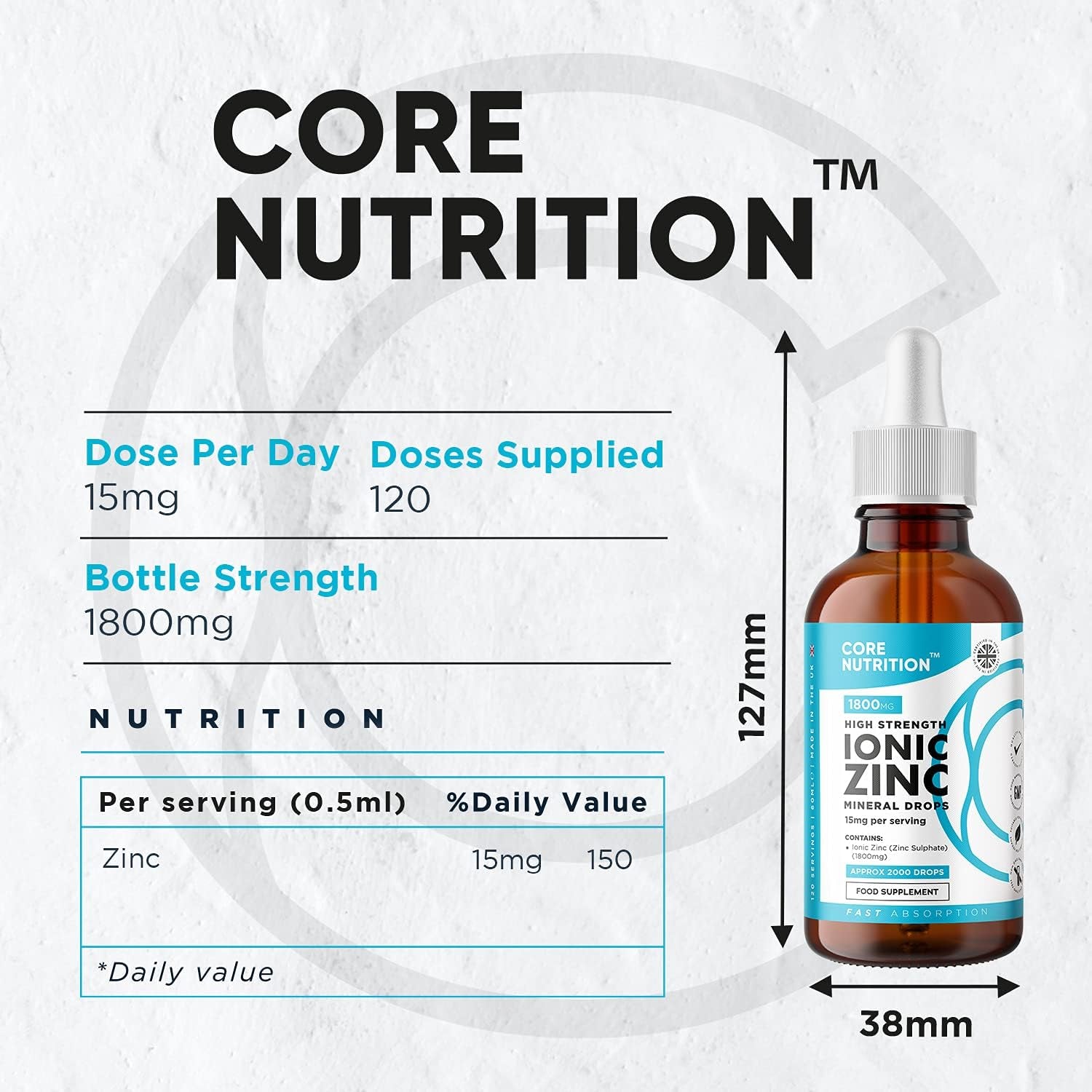 Ionic Zinc Liquid Drops - 60Ml Glass Bottle - 120 Servings - High Strength 15Mg - Supports Metabolism & Healthy Immune System - Made by Core Nutrition