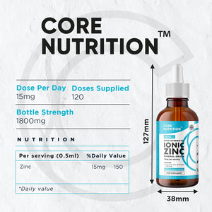 Ionic Zinc Liquid Drops - 60Ml Glass Bottle - 120 Servings - High Strength 15Mg - Supports Metabolism & Healthy Immune System - Made by Core Nutrition