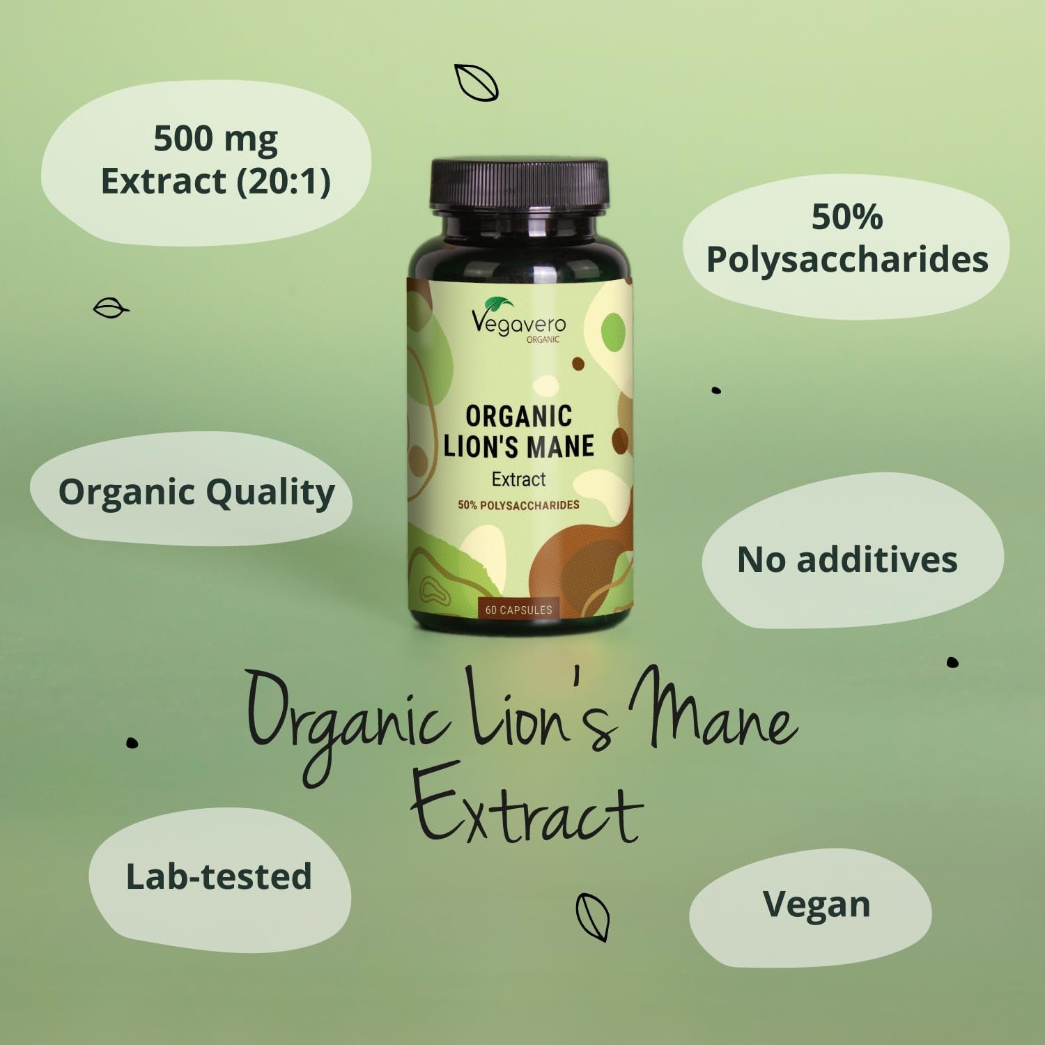 Vegavero Organic Lions Mane 10,000 Mg | NO Additives | 20:1 High Strength Mushroom Extract (Not Powder) | 50% Polysaccharides | Focus Supplement | Vegan