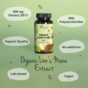 Vegavero Organic Lions Mane 10,000 Mg | NO Additives | 20:1 High Strength Mushroom Extract (Not Powder) | 50% Polysaccharides | Focus Supplement | Vegan