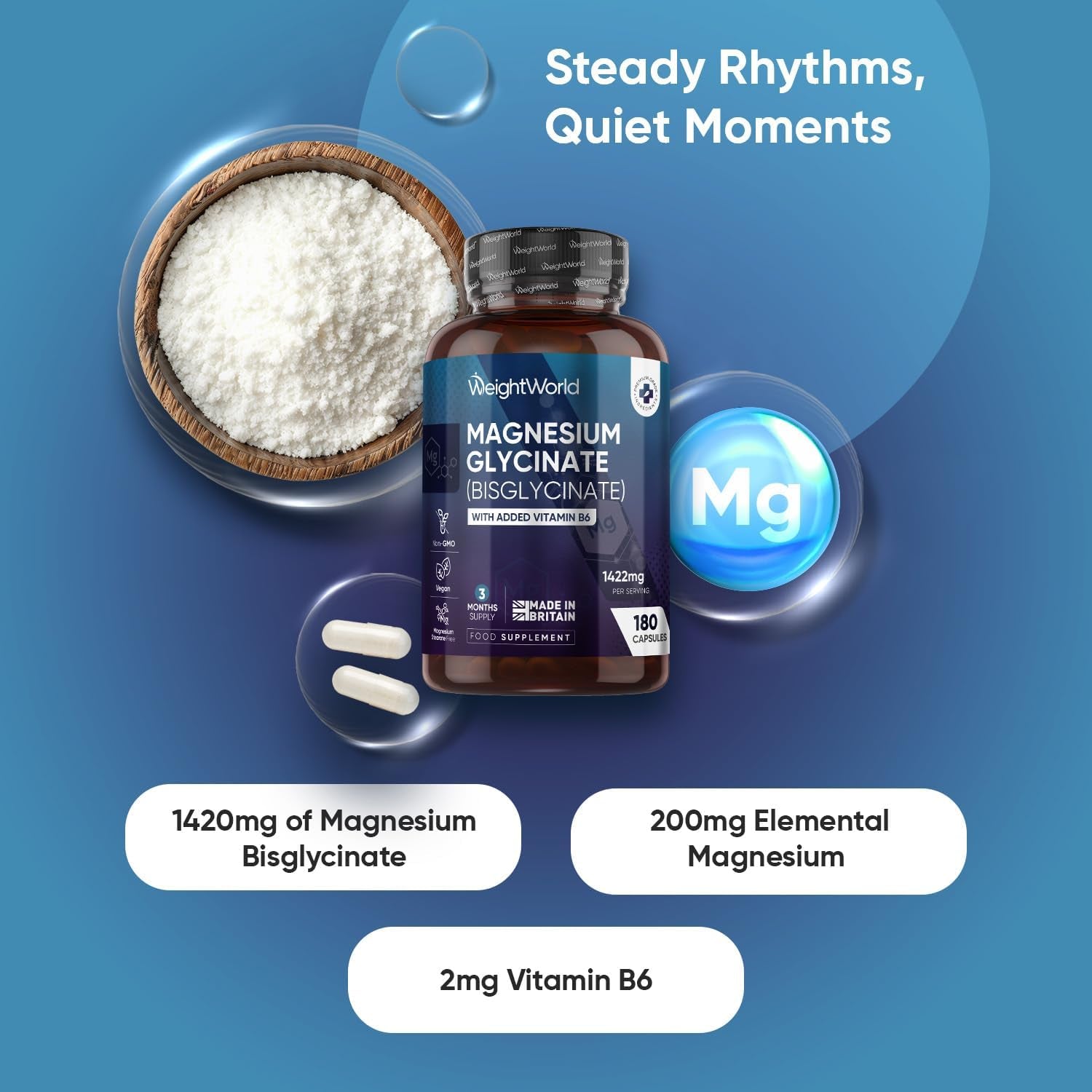 Weightworld Magnesium Glycinate 1422Mg | with Added Vitamin B6 | 180 Vegan Capsules | 3 Months Supply | Non-Gmo & GMP- Approved Magnesium Supplements for Men & Women | Made in the UK