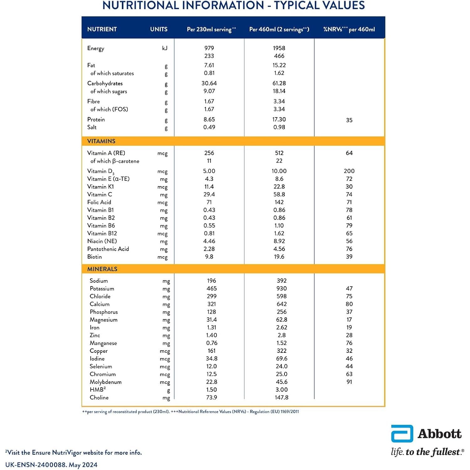 Ensure Nutrivigor Nutritional Shake – Vanilla Flavour – 850G – Food Supplement with Protein, HMB & 27 Vitamins & Minerals – Supports Strength, Energy & Immunity – with Vitamin D, C & B