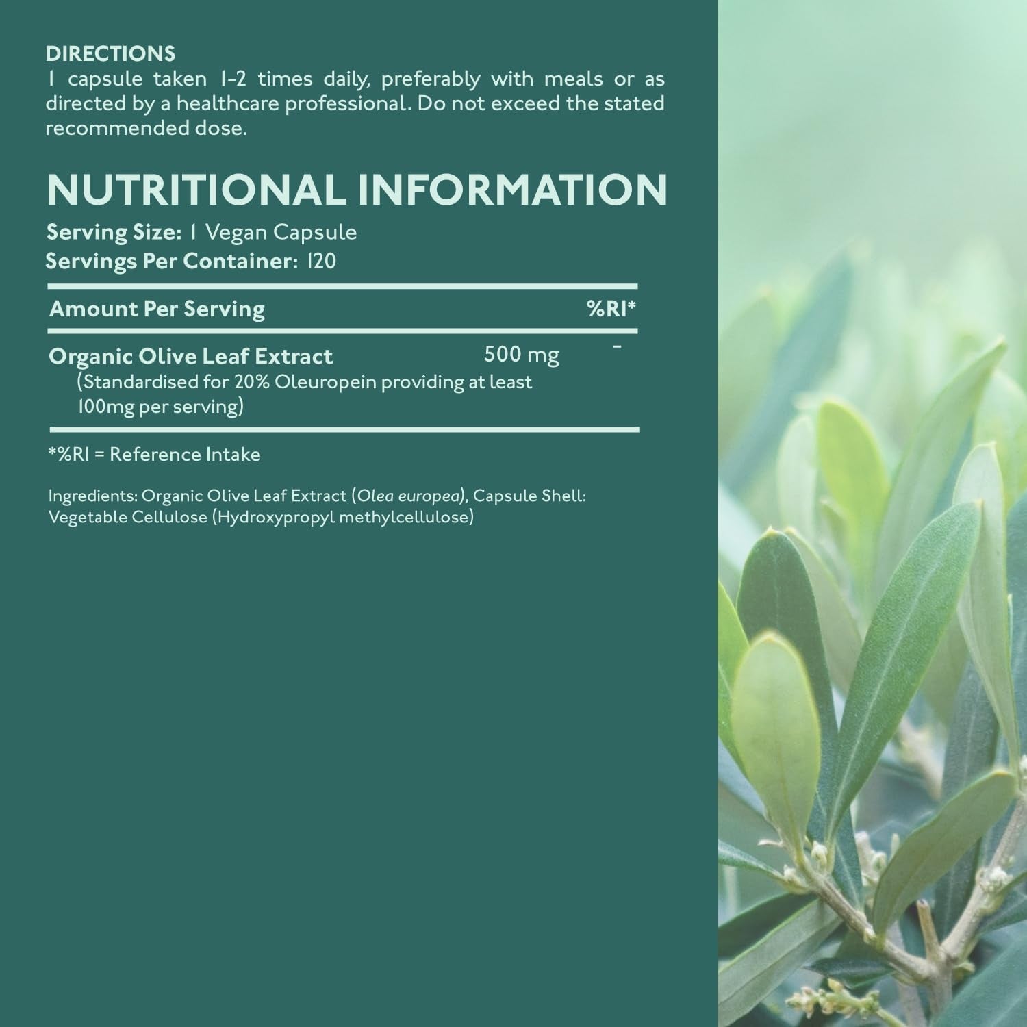 Organic Olive Leaf Extract 500Mg | Standardised for 20% Oleuropein | 120 Vegan Capsules | Made in the UK