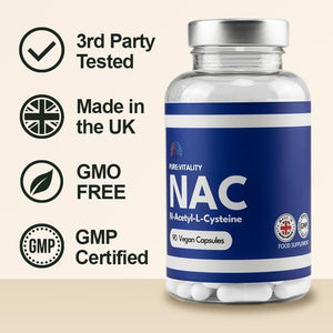 Pure Vitality: NAC Supplement 600Mg X 90 Capsules, Pure NAC Acetylcysteine for Glutathione, Detox, Post Workout Supplements for Men & Women, N-Acetylcysteine (L Cysteine) - GMP & HACCP Certified - UK