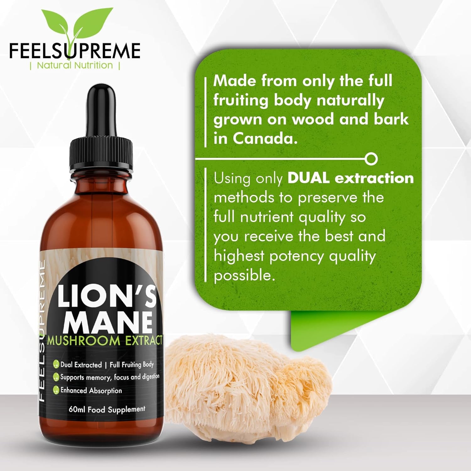 Feel Supreme - Lions Mane Supplement High Strength Mushroom Extract - Liquid Drops, 10:1 - Whole Fruiting Body - Brain Booster Supplements, Mushroom Supplement, Lions Mane Drops - 60Ml