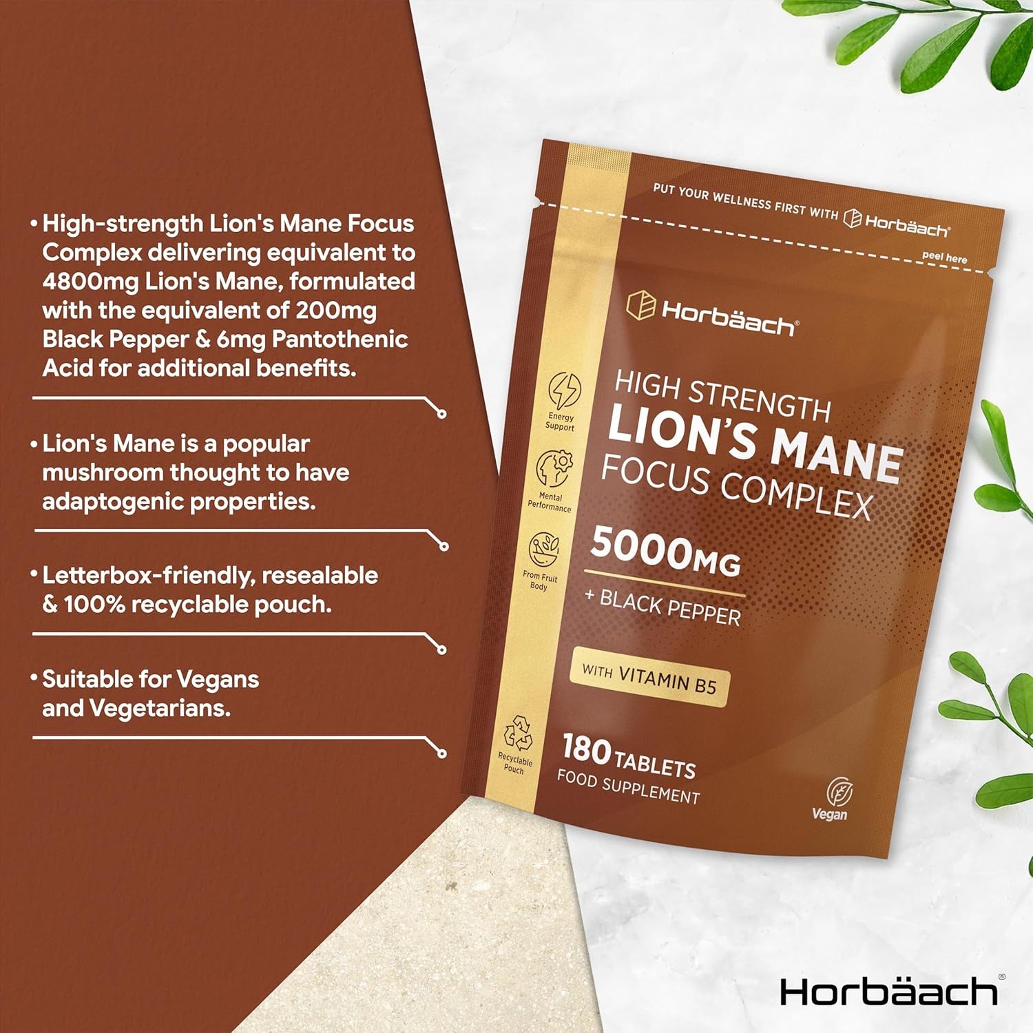 Lions Mane Supplement 5000Mg | Focus Complex with Vitamin B5 & Black Pepper | Lion'S Mane Mushroom Mental Performance Supplement | 180 Vegan Tablets | by Horbaach