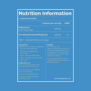 Honest + Good Magnesium Glycinate 750Mg Capsules | 150Mg Elemental | 3 Month Supply | High Strength & Absorption Supplement | Pure & Natural Vegan Ingredients with No Fillers | Small Batch & UK Made
