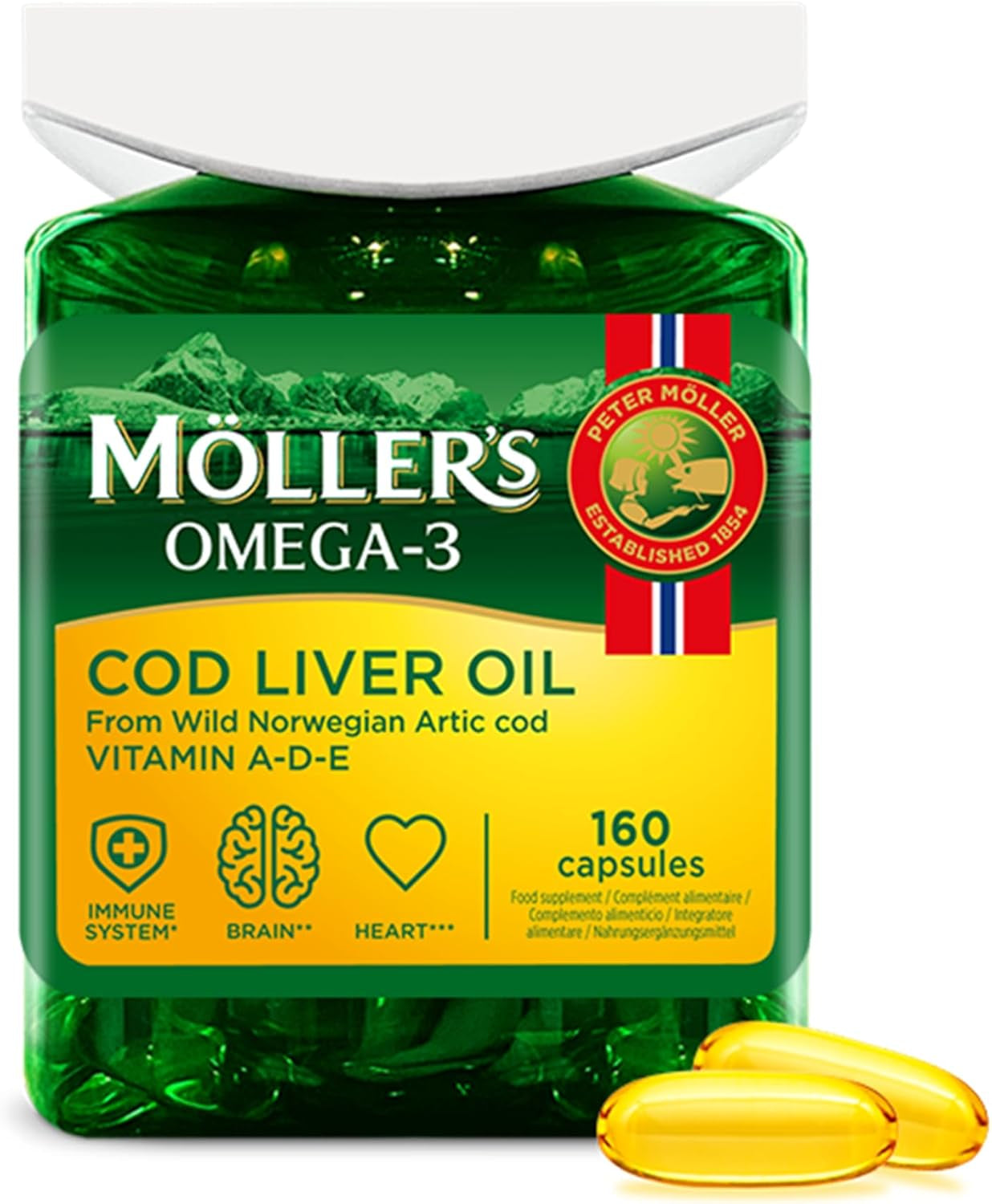 Moller’S ® | Cod Liver Oil Capsules | Omega 3 Fatty Acids DHA & EPA, Contains Vitamin A, D & E, Supports Immune System, Heart Function, Brain Function & Vision | 160 Units