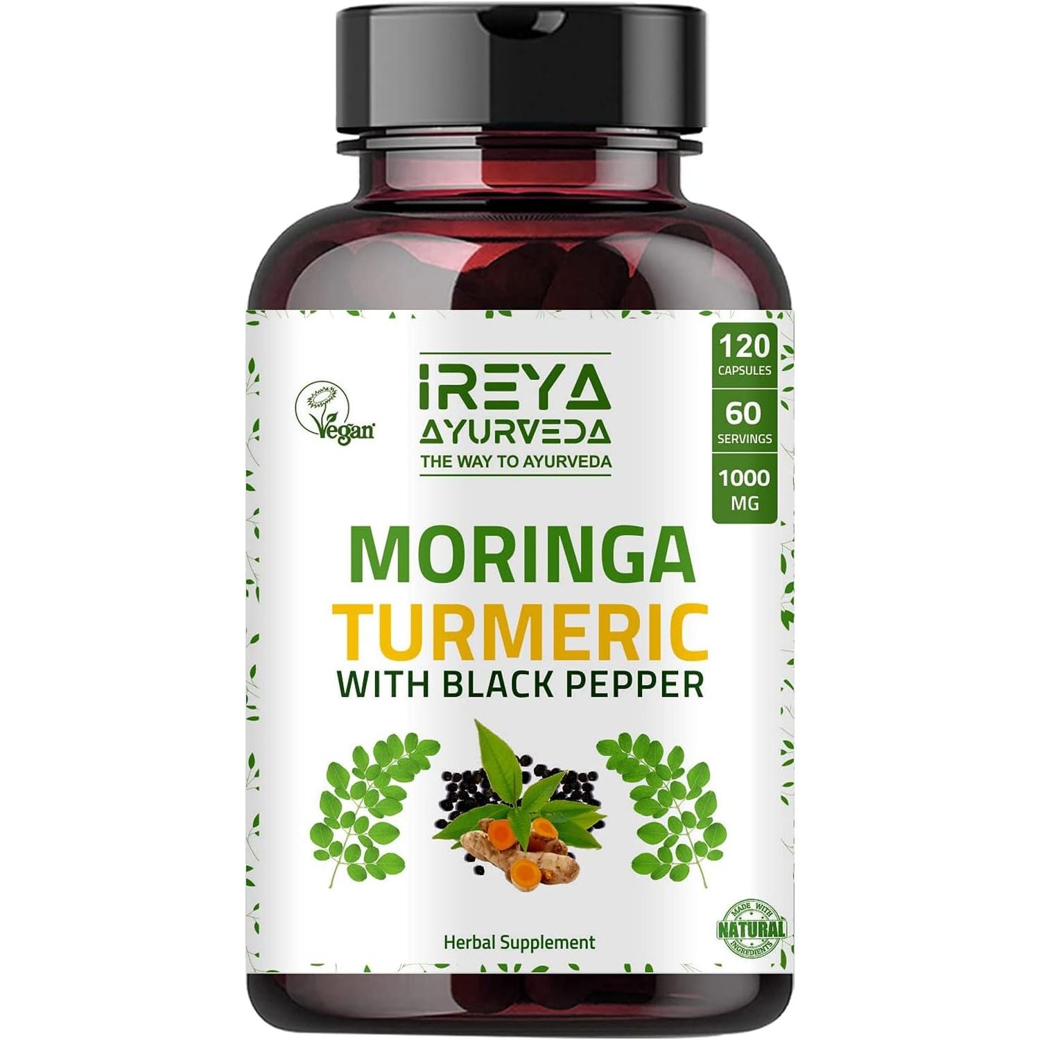 Moringa Oleifera Powder & Turmeric Root Powder with Black Pepper 120 Capsules | Immunity & Metabolism Support, Joint and Digestive Support. Vegan, Gluten-Free and Non-Gmo