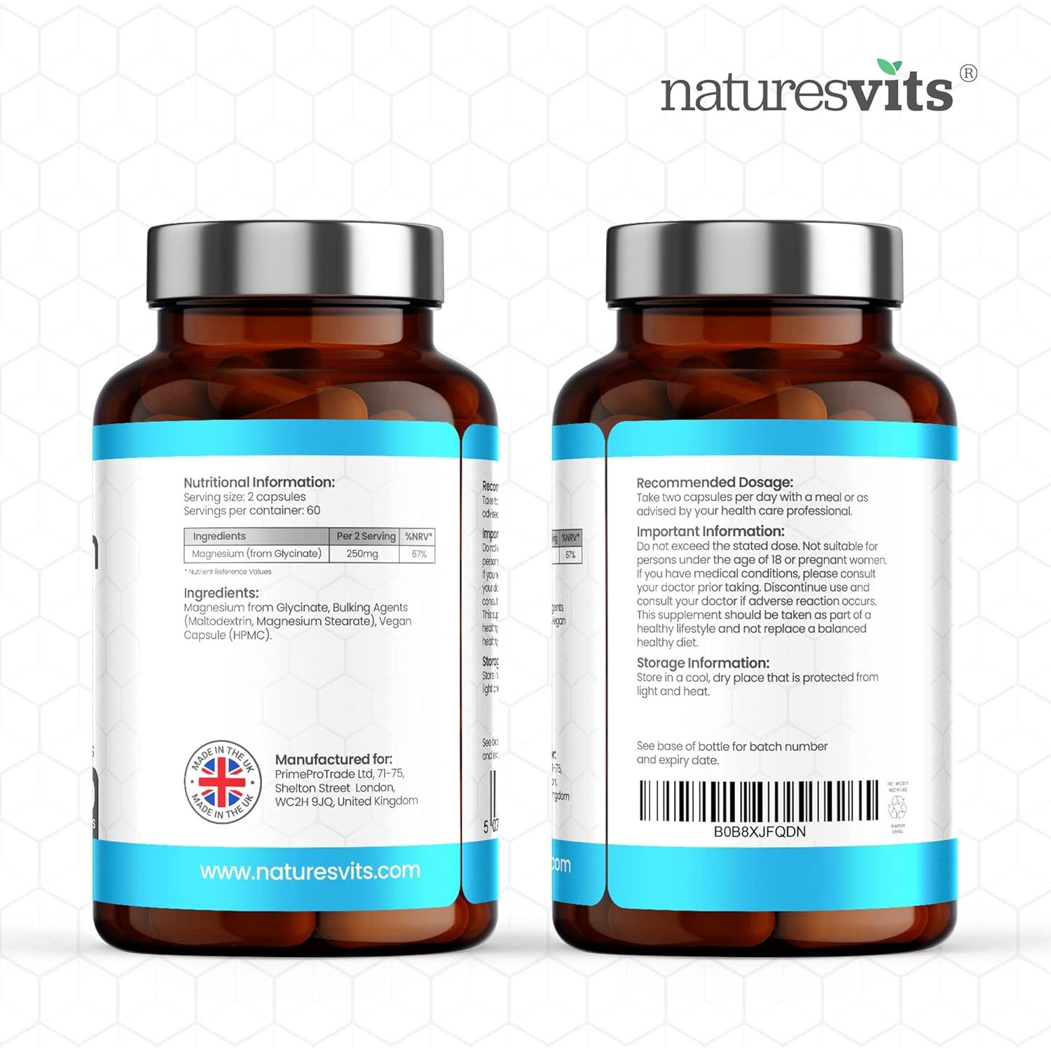 Magnesium Glycinate Capsules, 250 Mg - Bisglycinate Natural Night Time Supplement to Promote Sleep and Calm, Reduce Restless Legs and Relieve Muscle Cramps - Suitable for Women and Men