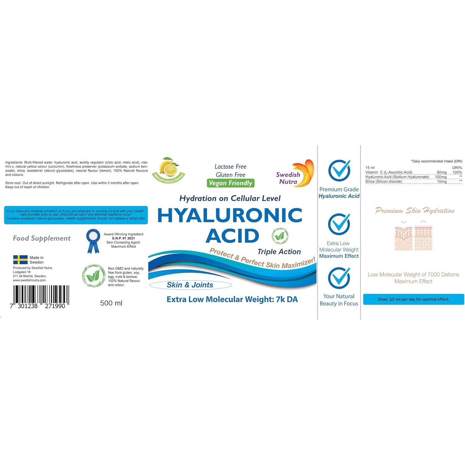 Swedish Nutra - Hyaluronic Acid Liquid Supplement - Pack of 500 Ml, 33 Day Supply | plus Vitamin C & Silica for Skin & Joint Hydration | Vegan & Free from Sugar & Gluten | 100% Natural Lemon Flavour