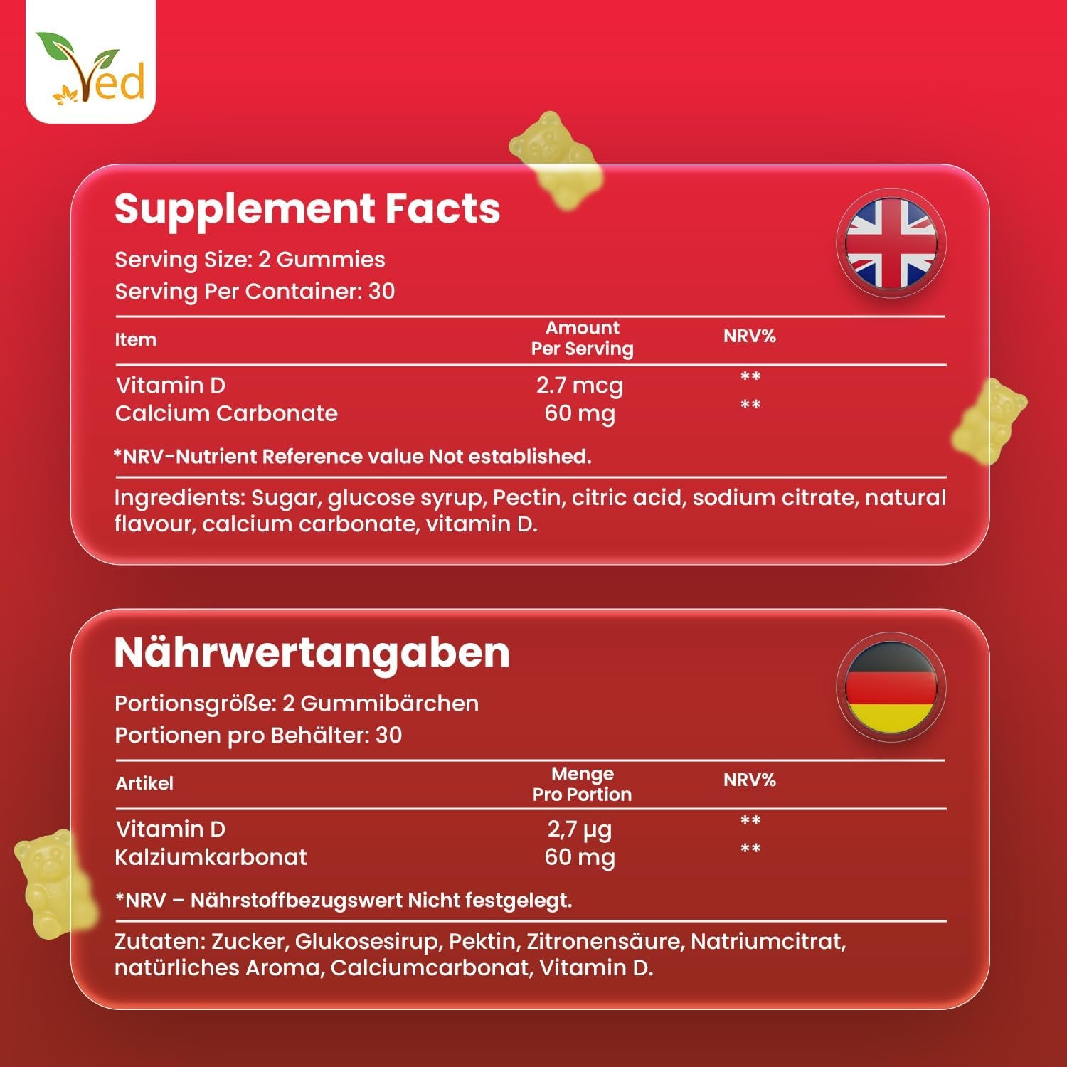 Ved Calcium Gummies; Chews Litchi Flavour, Calcium & Vitamin D Gummies, Vegetarian Vegan Health Supplement - 60 Chews 30 Days’ Supply