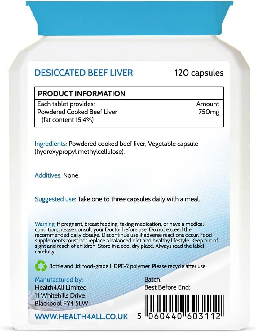 Health4All Desiccated Beef Liver Supplement 750Mg per Capsule 120 Capsules, Un-Defatted to Provide Full Absorption of Naturally Occurring Vitamins and Minerals Found in Beef Liver | Made in the UK