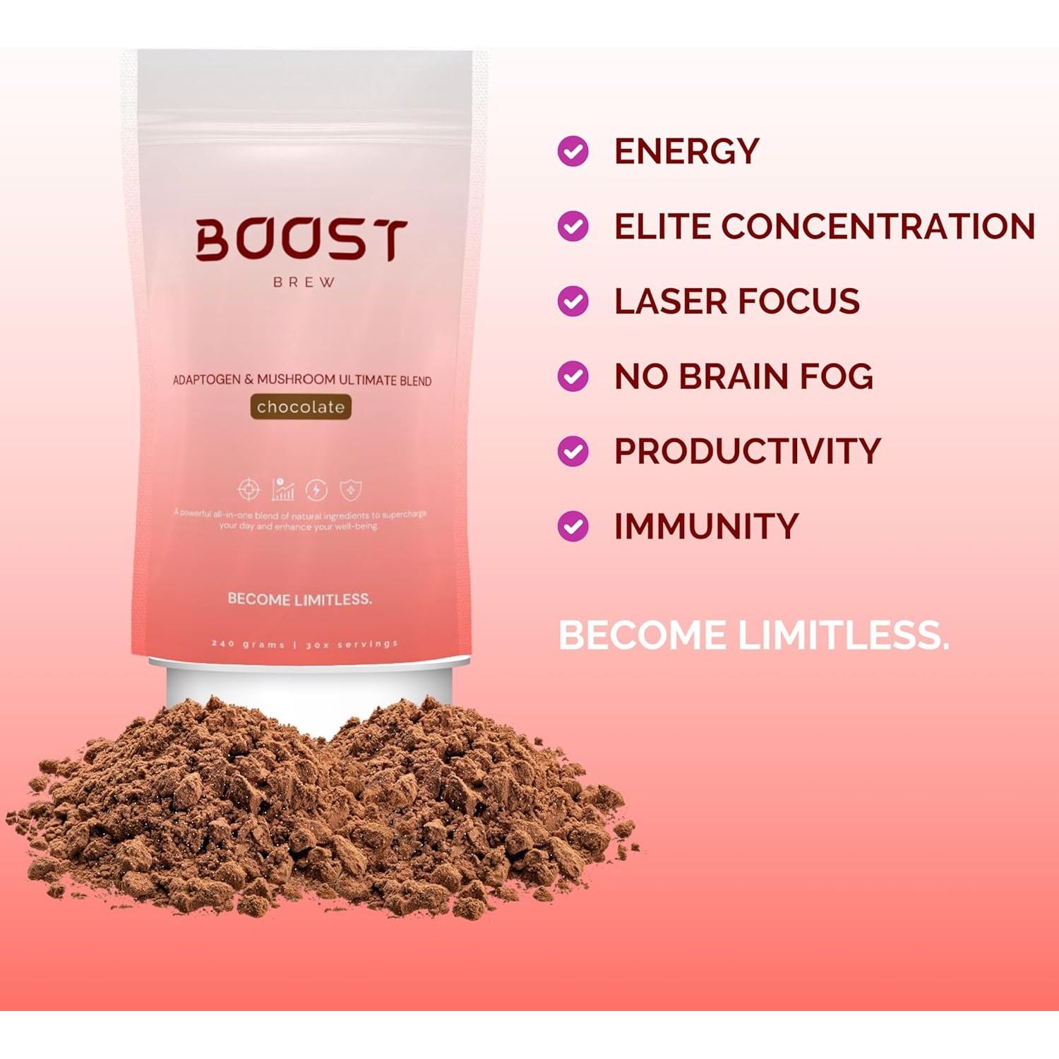 Boost Brew Chocolate Mushroom Coffee Alternative 240G 30 Servings | Lions Mane, Chaga, Ashwagandha, Cordyceps, Maca Root, Bacopa Monnieri, Chocolate Flavoured Mushroom & Adaptogen Vegan Powder Drink