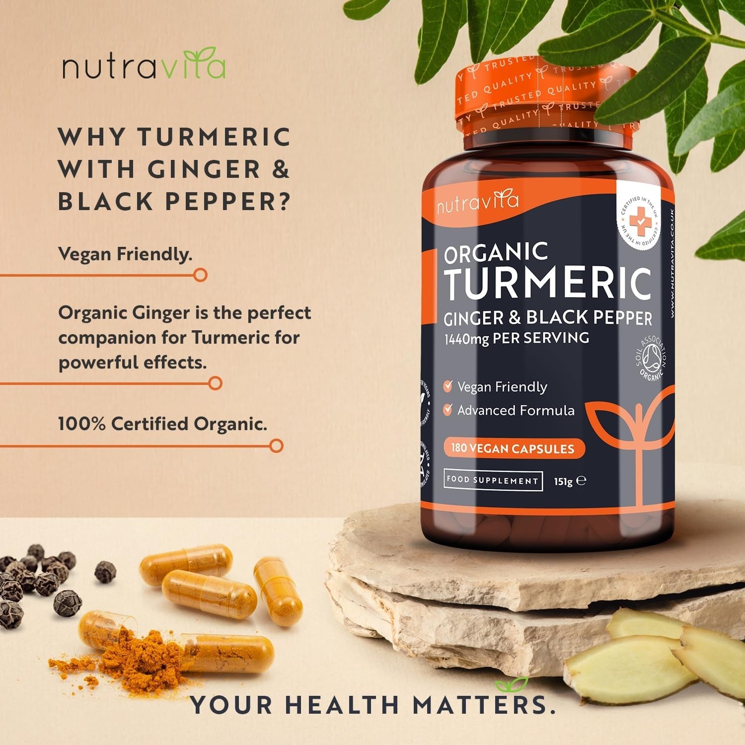 Organic Turmeric 1440Mg (High Strength) with Black Pepper & Ginger - 180 Vegan Turmeric Capsules (3 Month Supply) – Organic Termeric with Active Ingredient Curcumin - Made in the UK by Nutravita