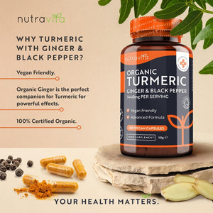 Organic Turmeric 1440Mg (High Strength) with Black Pepper & Ginger - 180 Vegan Turmeric Capsules (3 Month Supply) – Organic Termeric with Active Ingredient Curcumin - Made in the UK by Nutravita