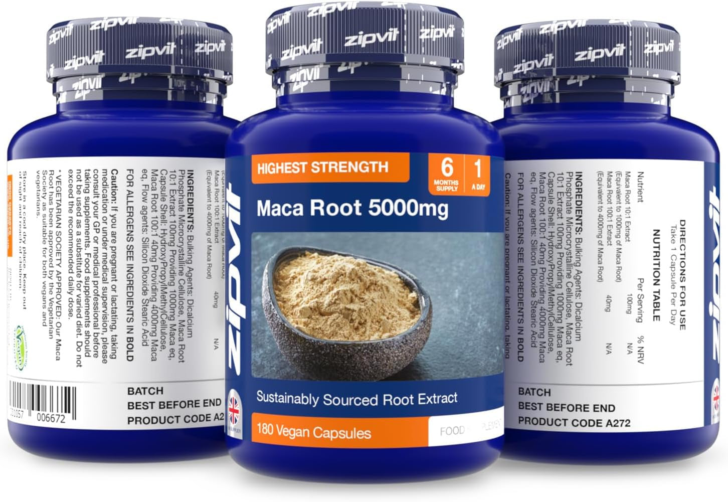 Zipvit Maca Root Capsules 5000Mg, Black Maca and Yellow Maca Combination High Strength Maca Root Powder Extract. 180 Vegan Capsules, 6 Months Supply. Vegetarian Society Approved.