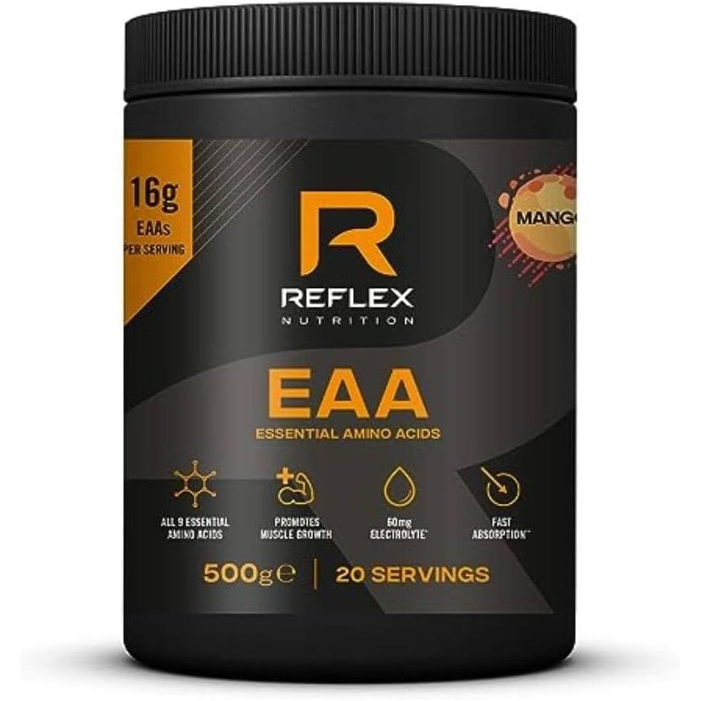 Reflex Nutrition EAA - Complete Essential Amino Acids - 16G Eaas with Bcaas, Vitamin B6, Electrolytes - Full Spectrum Amino Acids Powder for Muscle Growth & Recovery (Mango, 500G, 20 Servings)