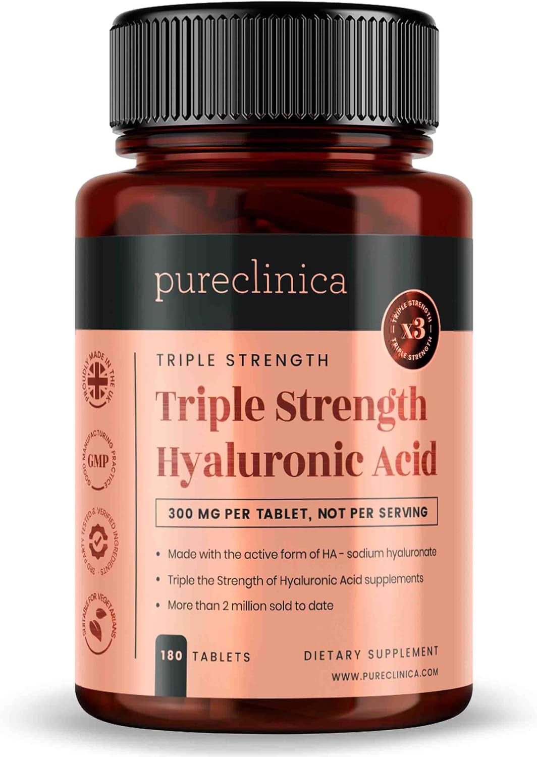 Triple Strength Hyaluronic Acid Supplement – 300Mg per Tablet | 180 Tablets | 6 Months Supply.