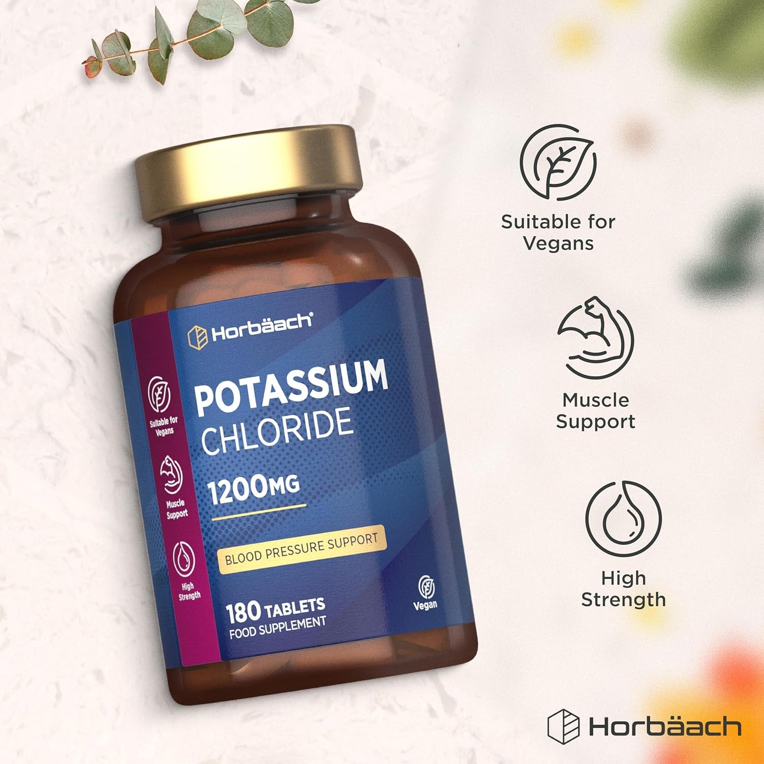 Potassium Supplement High Strength 1200Mg | 180 Vegan Tablets | 624Mg of Potassium & 564Mg of Chloride | Suitable for Vegans & Vegetarians | by Horbaach