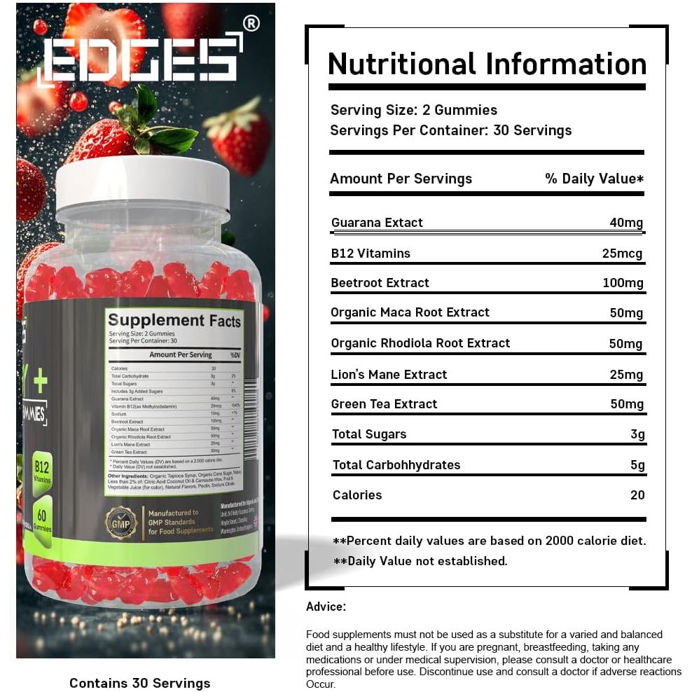 Edges Energy Gummies 60 Guarana Gummies for Men & Women - Guarana Energy Gummies - Strawberry Flavoured Pre-Workout - Gym Supplement - with B12 Vitamins, Lion'S Mane and Maca Root