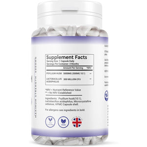 Physlium Husk 5000Mg - 4 Month Supply 120 Capsules - Vegan Physlium Husk