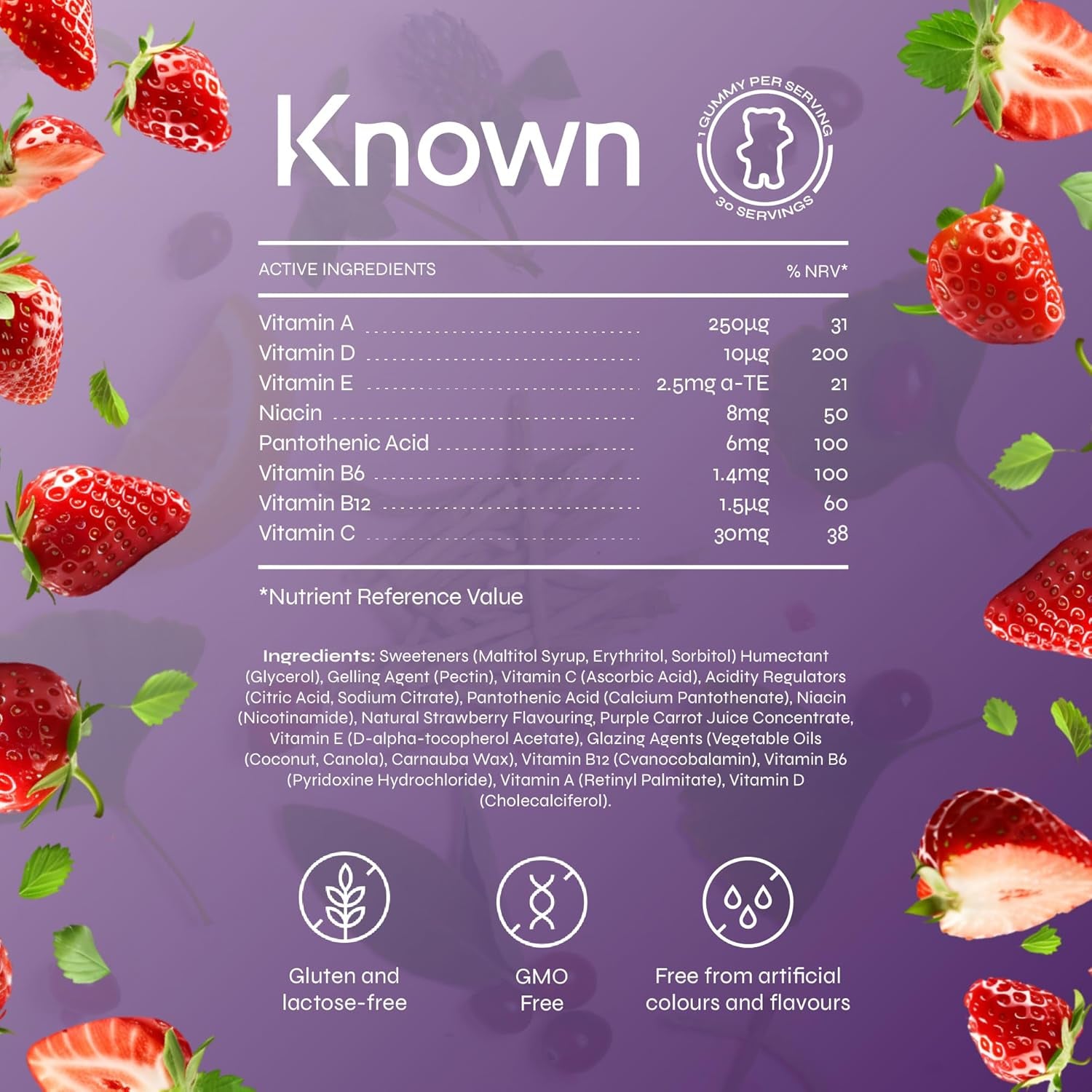 Known Kids Multivitamin Complex Gummies - Sugar-Free - Vitamin C, B6 - Immune Support - Natural Strawberry Flavour - 30 Vegan Gummies, 1 Month Supply