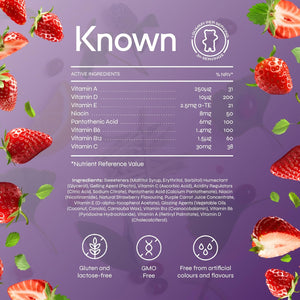 Known Kids Multivitamin Complex Gummies - Sugar-Free - Vitamin C, B6 - Immune Support - Natural Strawberry Flavour - 30 Vegan Gummies, 1 Month Supply