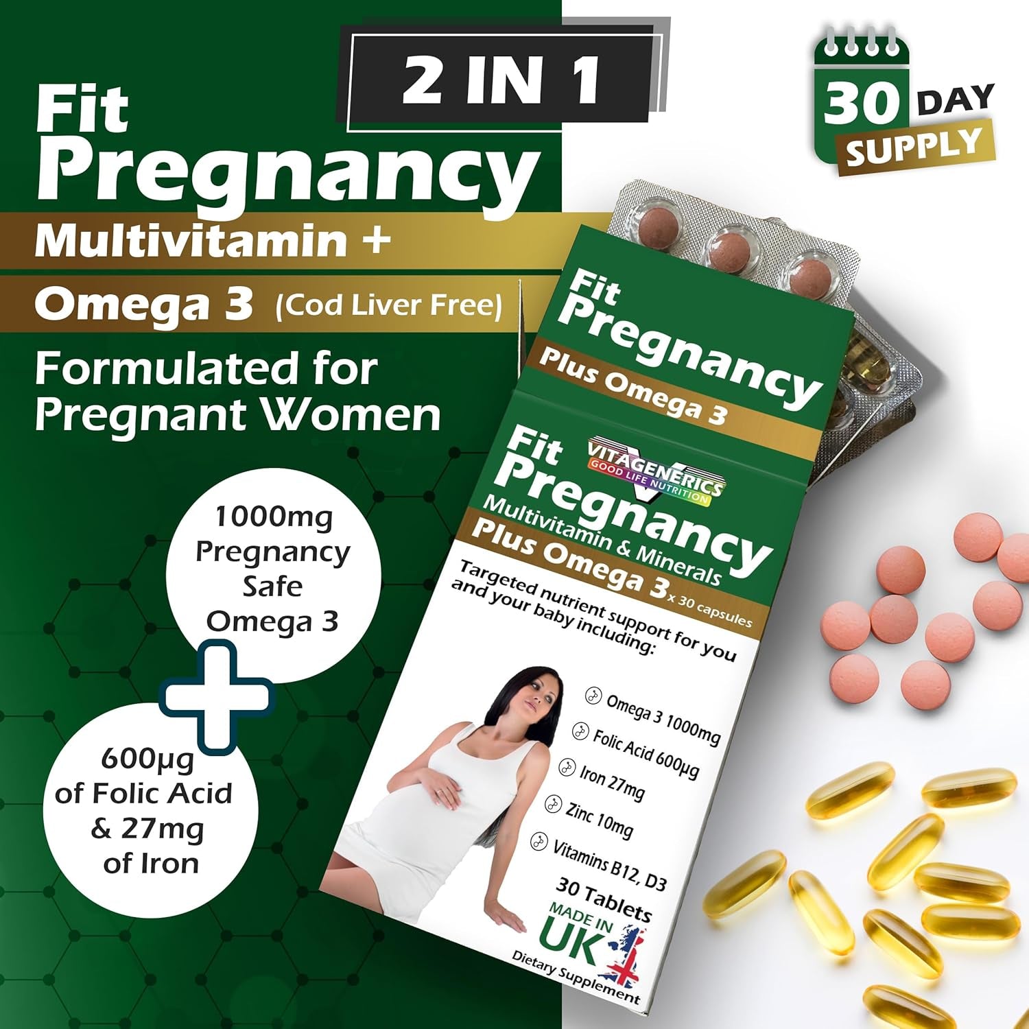 VITAGENERICS Fitpregnancy Multivitamin & Minerals plus Omega 3 | 30 Tablets plus 30 Capsules | with 600Μg Folic Acid, Iron, Zinc, B Vitamins & More. UK Made for Pregnant Women