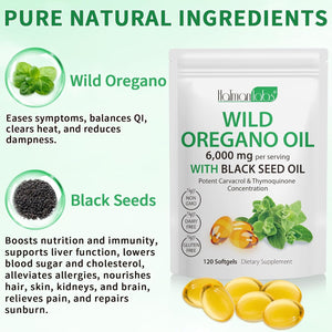Oil of Oregano Softgels, 2 in 1 6000Mg Oil of Oregano with Black Seed 200Mg, Non-Gmo, Gluten Free, 120 Softgels, Herbal Supplement - Non-Gmo, Supports Immune & Digestive Health