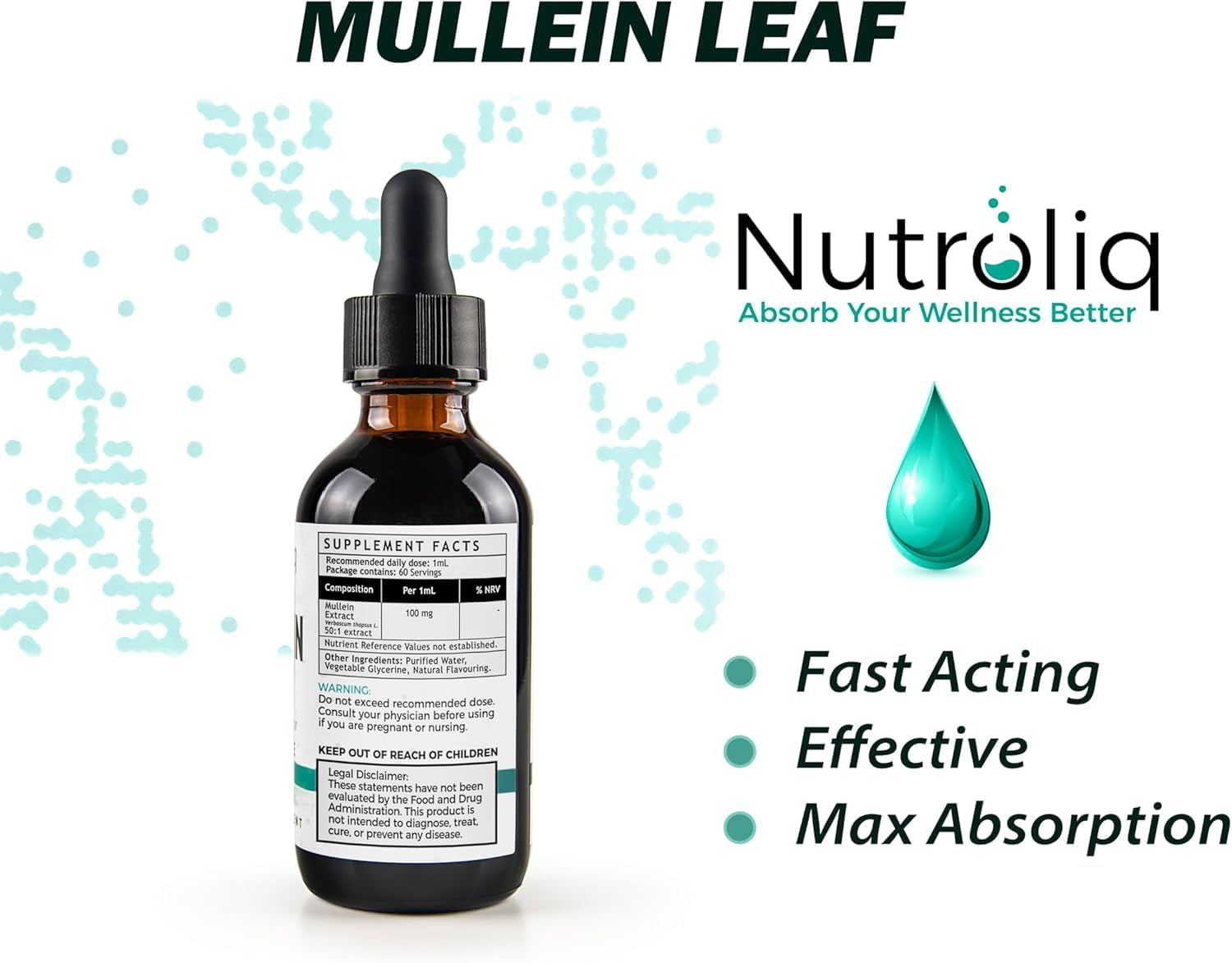 Nutroliq Mullein Leaf 50:1 Extract Drops - Vegan, Non-Gmo Supplements for Lung Cleanse and Respiratory Health, Digestive Wellness, Sound Sleep Support - Fast Absorption Tincture - 60Ml, 2 Month Supply