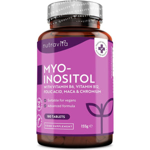 Myo-Inositol Tablets with Folic Acid, Vitamin B6, B12, Maca and Chromium - PCOS Support Supplement - 180 Vegan Tablets - Prenatal Vitamins for Women - Alternative to Inositol Powder - Nutravita