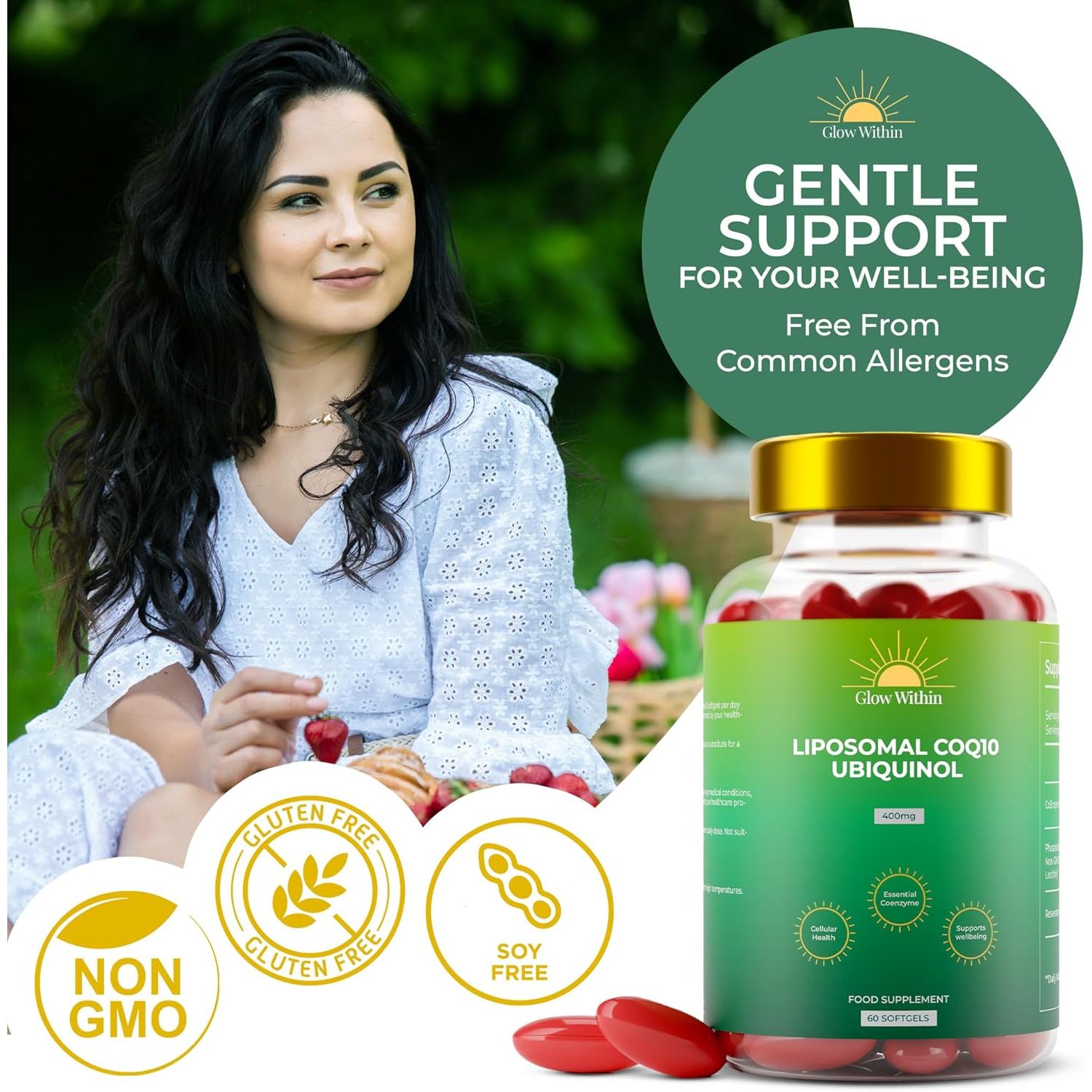 Glow within Liposomal Coq10 Ubiquinol 400Mg per Serving | Coenzyme Q10 Supplement with Resveratrol | Supports Heart and Brain Health, Fertility, Energy Boosting, Fatigue Reducing | Enhanced Absorption