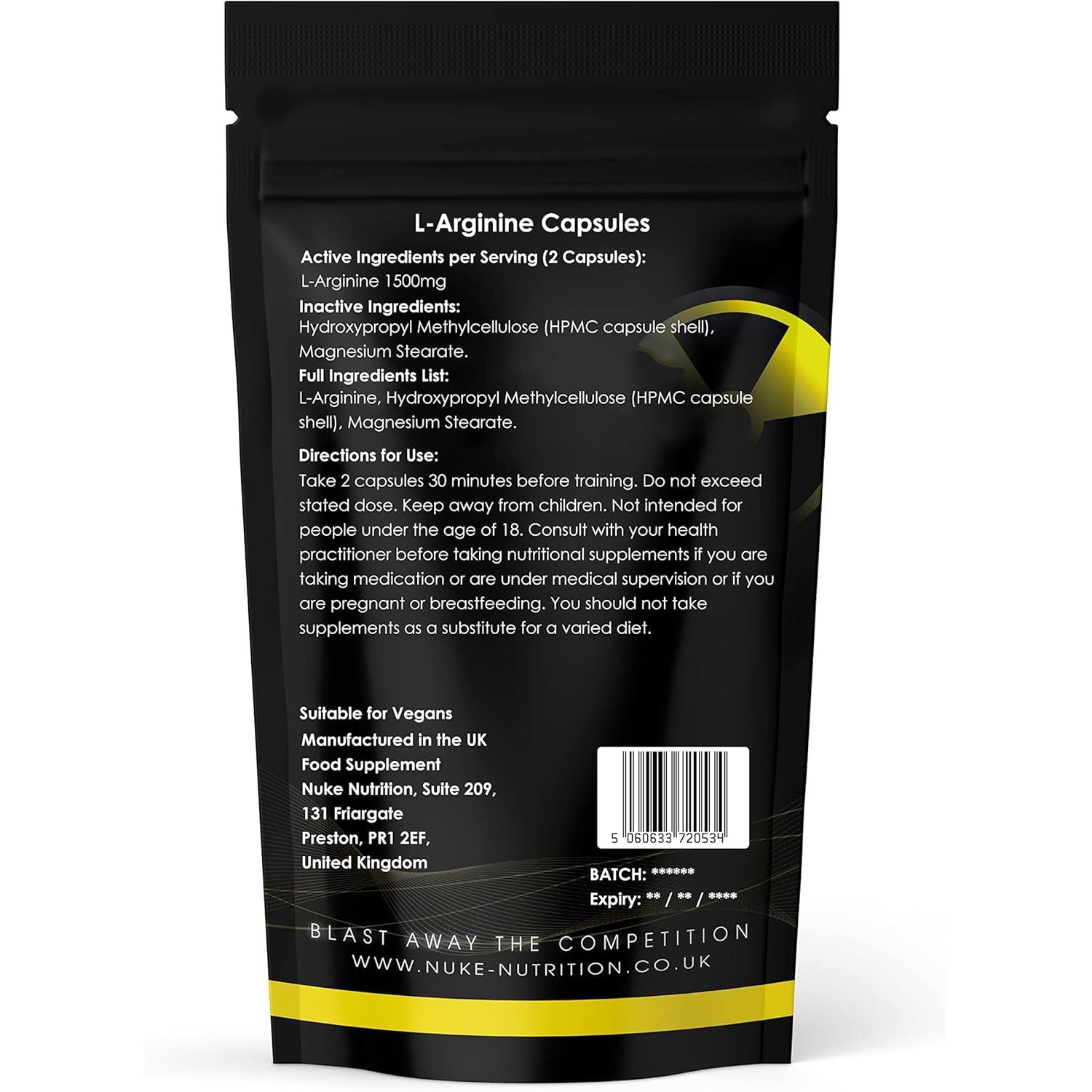 Nuke Nutrition L Arginine Capsules 1500Mg - 60 Capsules - Nitric Oxide Supplement for Men & Women to Improve Muscle Strength, Endurance & Mass - Nutritional Pre Workout - Nitric Acid Pills for Energy