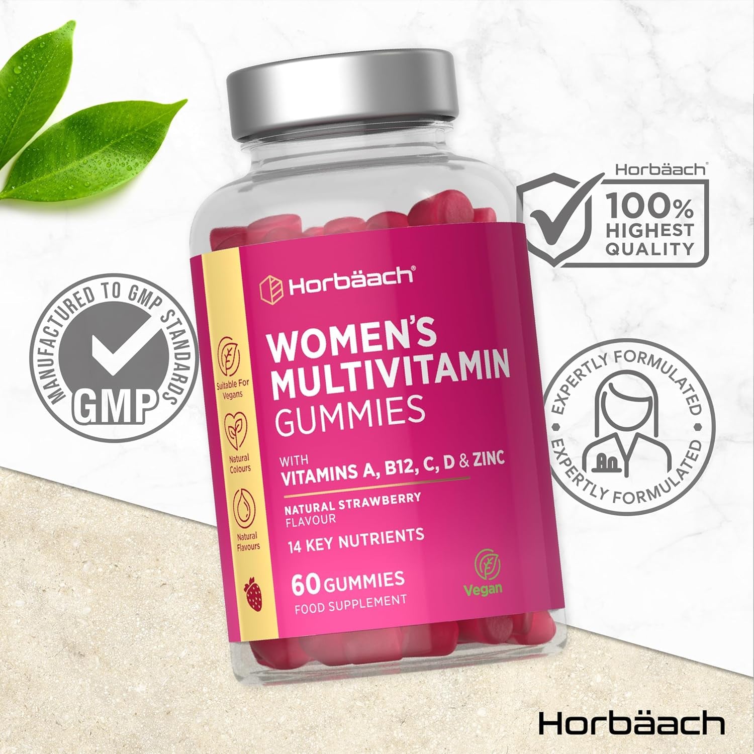 Multivitamin Gummies for Women | 14 Active Ingredients | with Zinc, Vitamins C, Biotin, B6, B12, B9 (Folic Acid) & More! | Hair, Skin and Nails | 60 Vegan Gummies - Natural Strawberry | by Horbaach