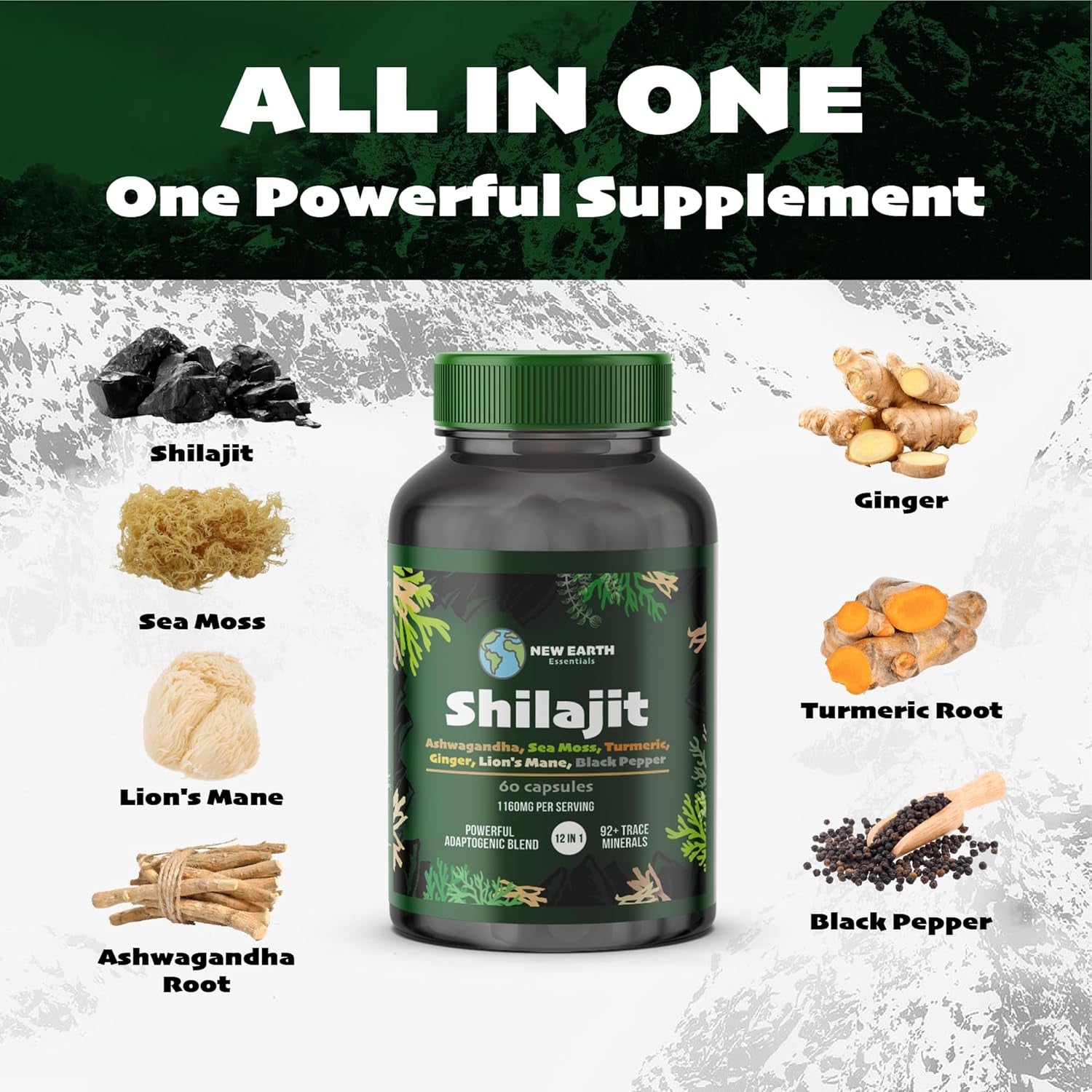 Shilajit Sea Moss Lions Mane Ashwagandha Turmeric Ginger Black Pepper Vitamins D3 & C Zinc Magnesium - 60 Vegan Capsules - 2320Mg per Serving