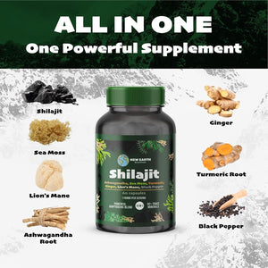 Shilajit Sea Moss Lions Mane Ashwagandha Turmeric Ginger Black Pepper Vitamins D3 & C Zinc Magnesium - 60 Vegan Capsules - 2320Mg per Serving