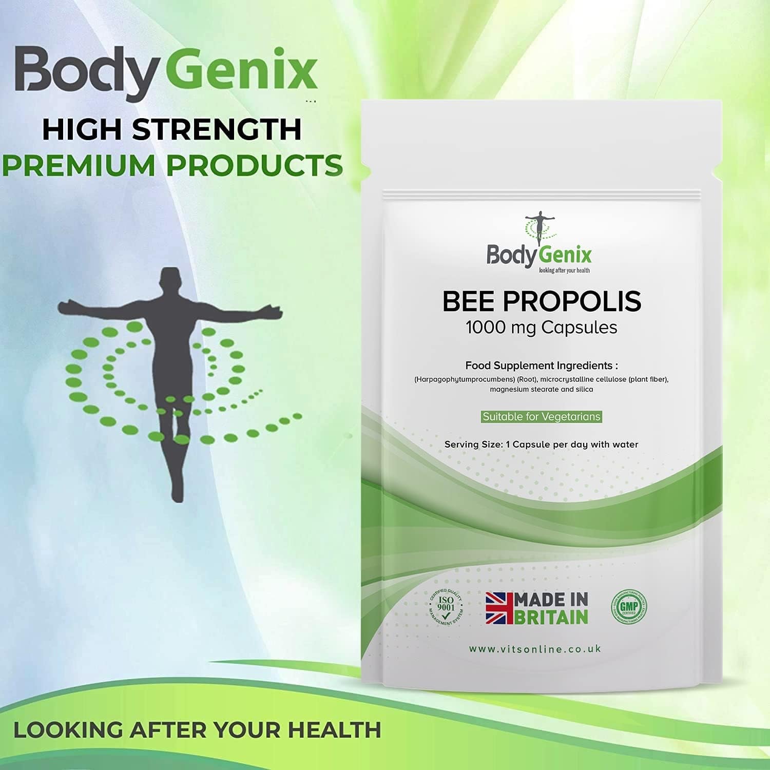 Bodygenix Bee Propolis Capsules - 1000Mg Antioxidant Antibiotic Boost Immune System Natural Food Supplement - 60 Caps 2 Month Supply
