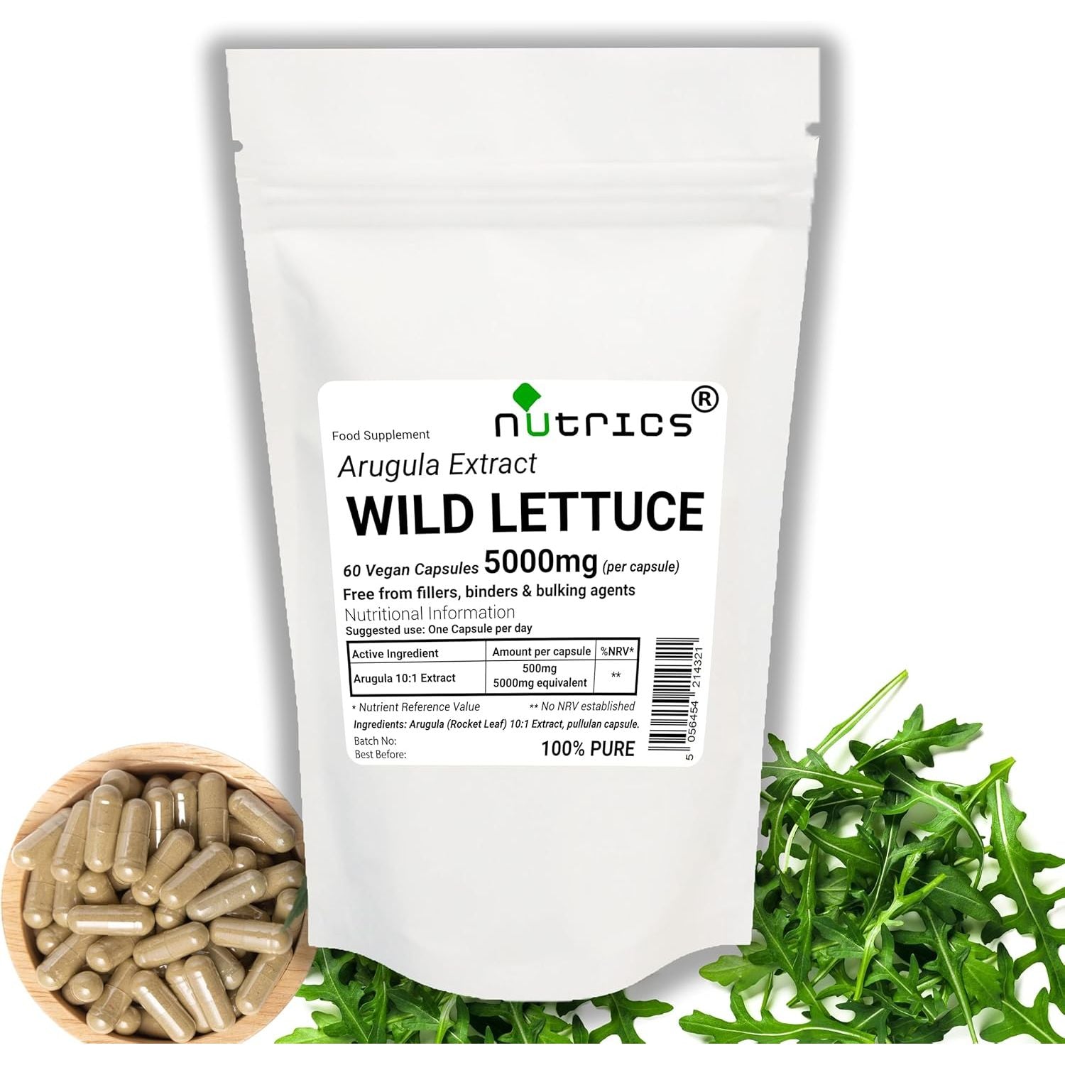 Nutrics® Wild Lettuce ARUGULA Extract 5000Mg (Per Capsule) X 60 V Capsules - 10:1 Extract - Ten Times Stronger (2 Months Supply) Vegan Vegetarian Dietary Supplement