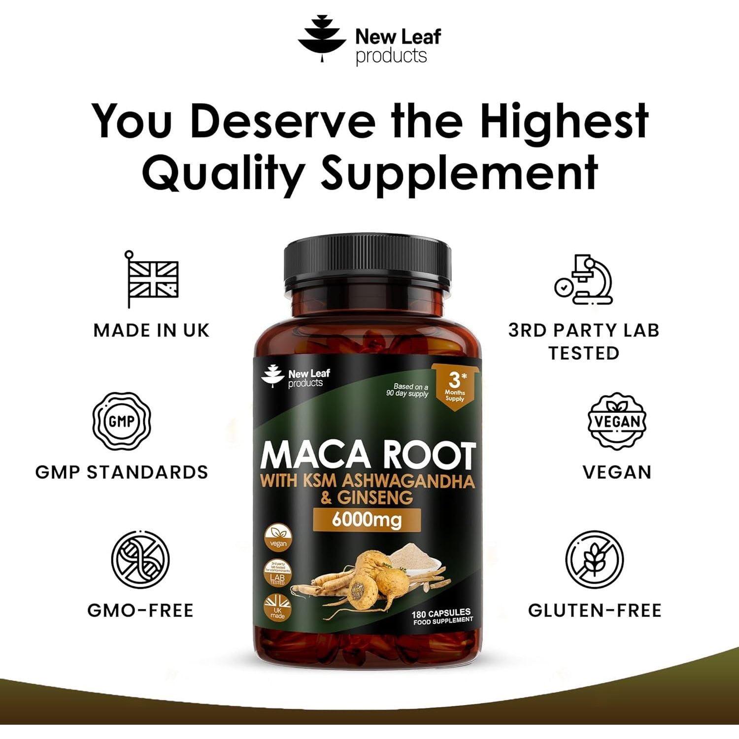 Maca Root Capsules with KSM Ashwagandha and Ginseng - 180 High Strength 6000Mg Maca Root + Ashwagandha KSM-66, Panax Ginseng & Black Pepper - Vegan Capsules Made in the UK