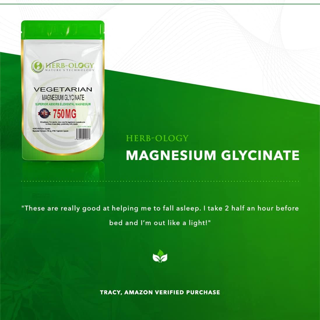 Herb-Ology Magnesium Glycinate Capsules | 120 Vegan Capsules | Magnesium Supplements | 750Mg per Capsule | Highly Bioavailable, Dairy Free & Manufactured in the UK