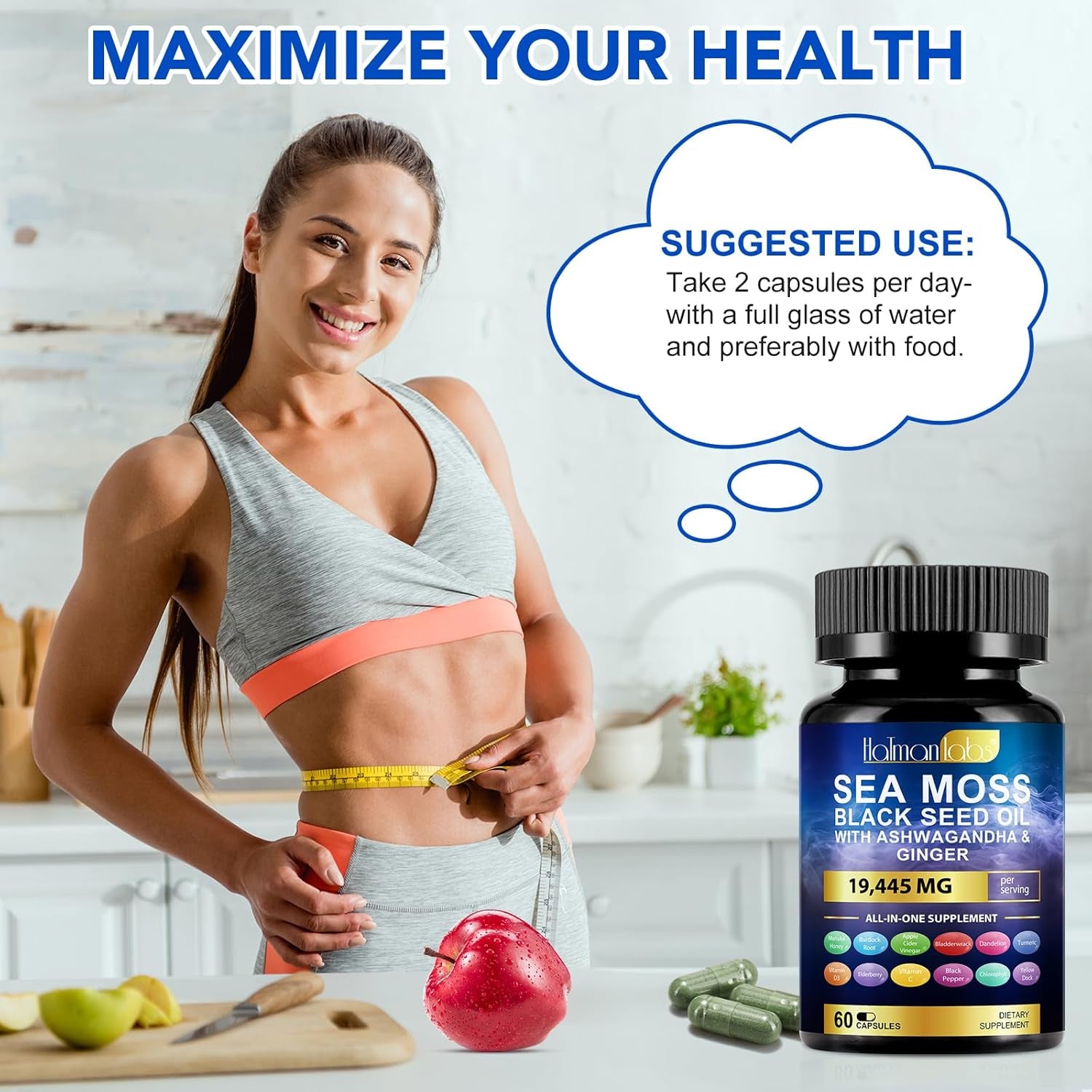 Sea Moss Complex-19,445Mg Sea Moss Capsules with Black Seed Oil& Ashwagandha, Ginger- 60 High Strength Capsules Providing 30 Day Supply- Vegan&Halal