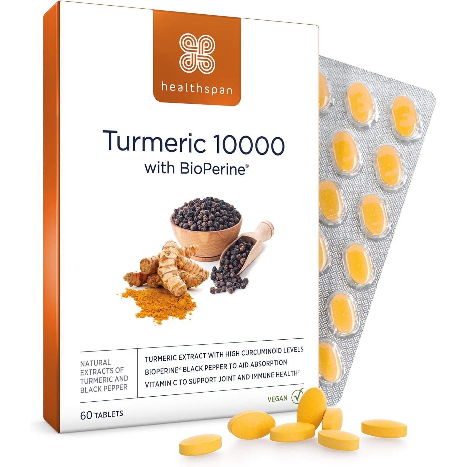 Healthspan Turmeric 10,000Mg with Bioperine Black Pepper Extract (2 Months’ Supply) | High Potency Turmeric Extract | Supports Immune, Bone & Cartilage Health | Bioperine Aids Absorption | Vegan
