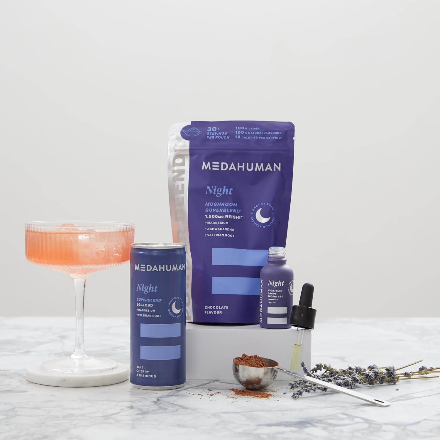 MEDAHUMAN® Night | Reishi Mushroom Powder (30 Servings) | Adaptogen Superblend Mushroom Supplement with Ashwagandha Powder, Valerian Root and Magnesium for a More Relaxed Sleep | Chocolate Flavour